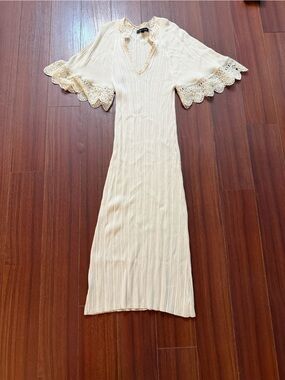 Cream Knit Maxi Dress with Lace Trim
